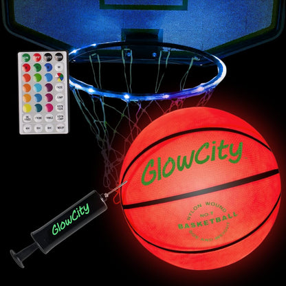 GlowCity Glow in the Dark Basketball — Size 7 — 29.5", Rubber (Battery), Pump + Rim Light