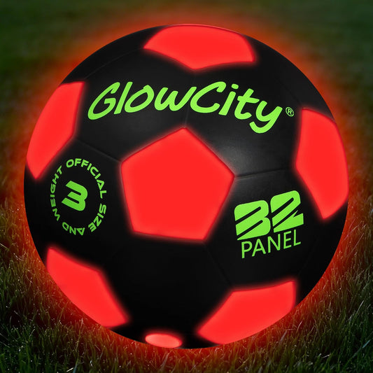 GlowCity Glow in the Dark Soccer Ball — Size 3 — Kids, Rubber (Battery), Black / Glow Red