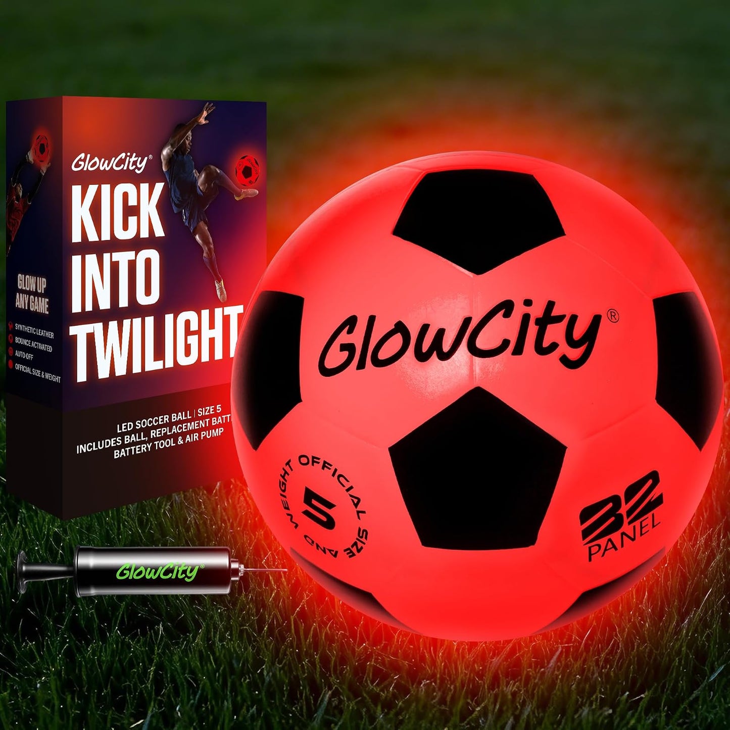 GlowCity Glow in the Dark Soccer Ball — Size 5 — Teen / Adult, Rubber (Battery), Black / Glow Red