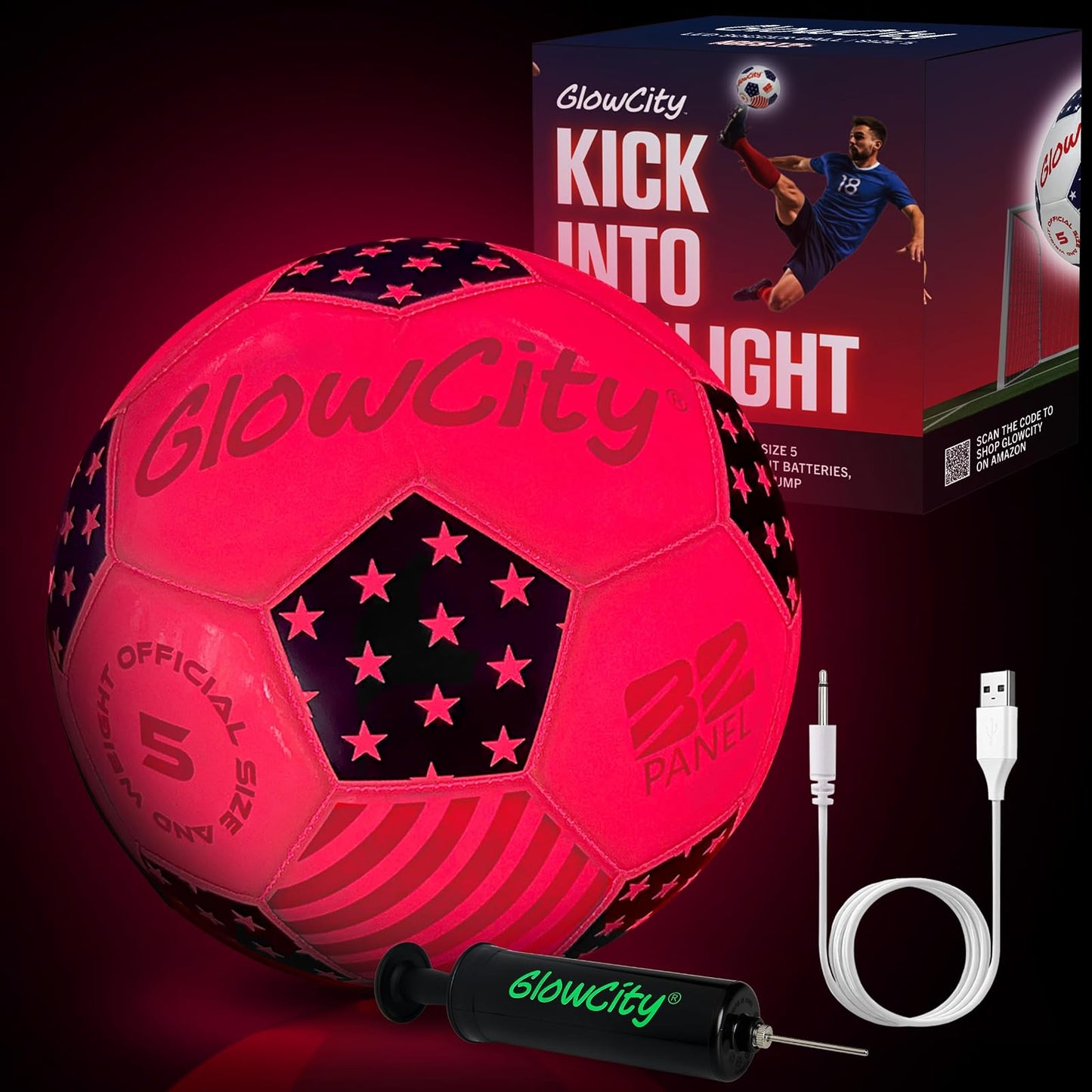 GlowCity Glow in the Dark Soccer Ball — Size 5 — Teen / Adult, Rubber (Rechargeable), American Star