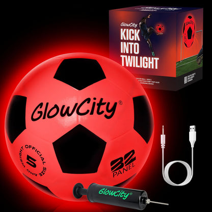 GlowCity Glow in the Dark Soccer Ball — Size 5 — Teen / Adult, Rubber (Rechargeable), Red / Black