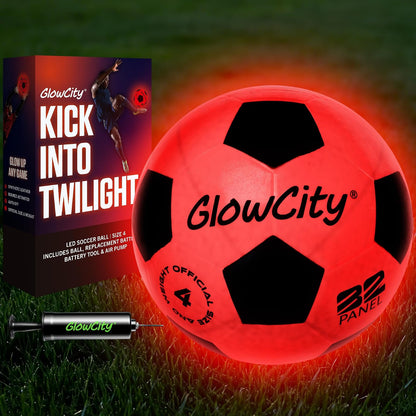 GlowCity Glow in the Dark Soccer Ball — Size 4 — Junior, Rubber (Battery), Black / Glow Red