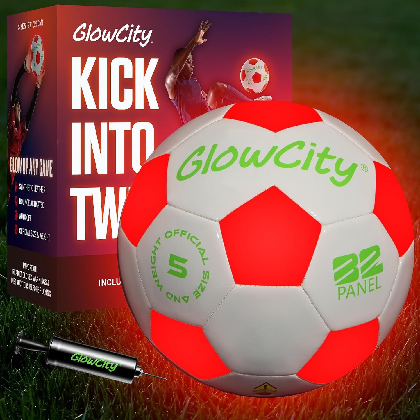 GlowCity Glow in the Dark Soccer Ball — Size 5 — Teen / Adult, Synthetic Leather (Battery), White / Glow Red