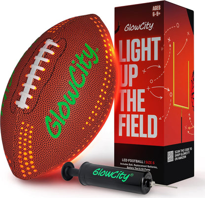 GlowCity Glow in the Dark Football — Size 6 — Junior Youth, Synthetic Leather (Battery), Brown