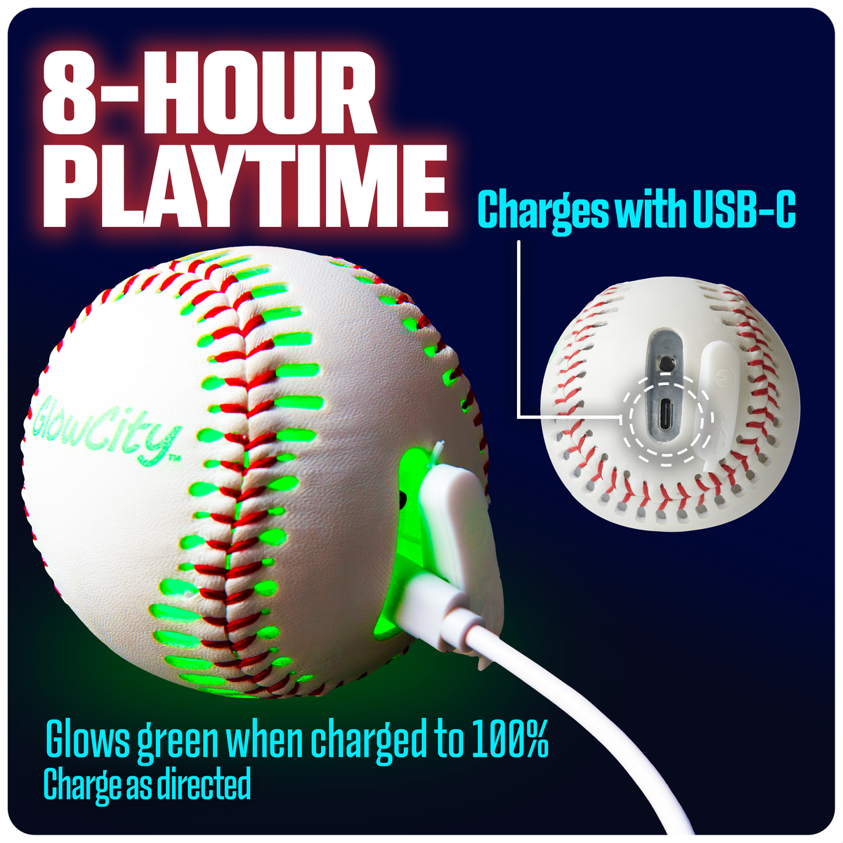GlowCity Glow in the Dark Baseball — Rechargeable LED, Real Leather